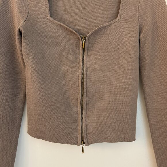 Abercrombie & Fitch Notch Neck Zip Up Slim Ribbed Stretchy Top Tan Beige Size M - Picture 5 of 8
